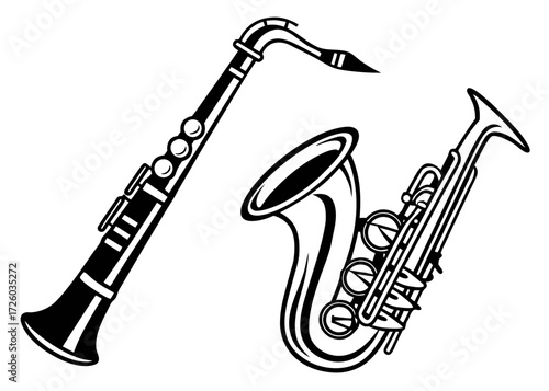 Illustration of a clarinet and a saxophone in black and white musical instrument vector graphic created with generated ai