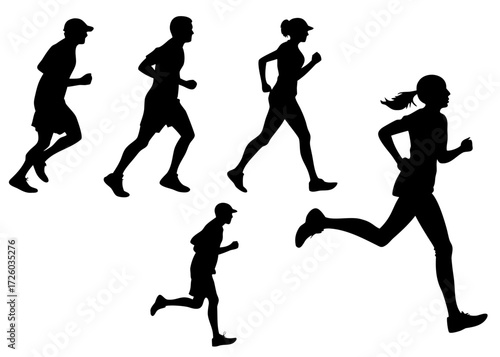 Silhouettes of people running with various poses and styles against a white background in a dynamic scene created with generated ai