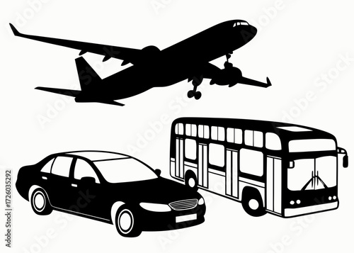 Silhouette of airplane in flight above car and bus representing different modes of transportation options created with generated ai