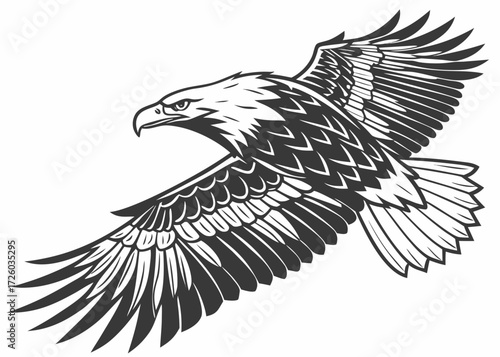 Detailed monochrome illustration of a bald eagle in flight with outstretched wings and sharp gaze forward created with generated ai