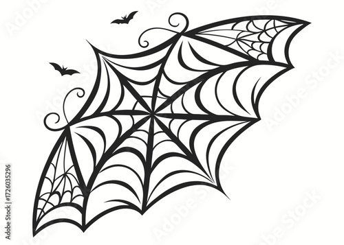 Black and white illustration of a spiderweb with bats for halloween decoration in the corner area created with generated ai