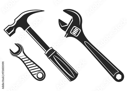 Illustration of a hammer, an adjustable wrench, and a small wrench on a white background design image created with generated ai