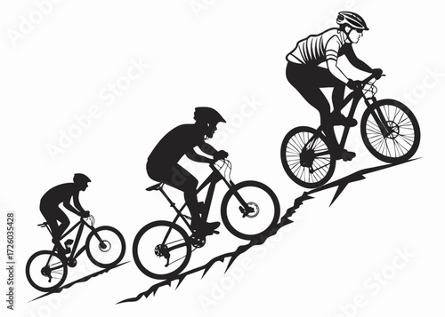 Silhouette of three cyclists riding uphill on mountain bikes in a progression sequence design vector created with generated ai