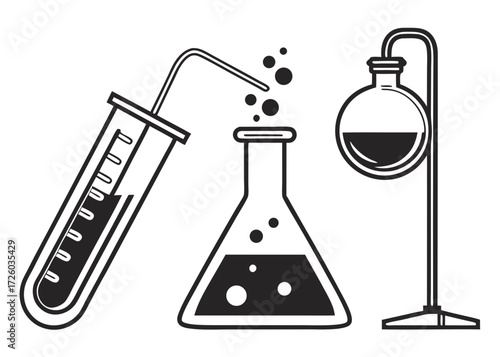Illustration of laboratory glassware including test tube flask and round bottom flask with stand setup created with generated ai