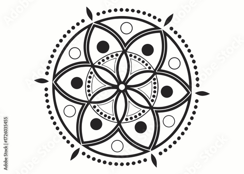 Circular mandala design with floral and geometric patterns in black and white symmetrical arrangement created with generated ai