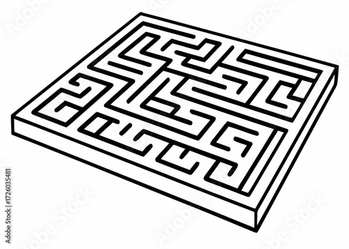 Isometric drawing of a square maze with black lines and white background on a slightly angled perspective created with generated ai