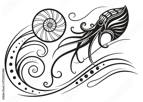 Illustration of a nautilus shell and an octopus with decorative swirls and dots in black and white style created with generated ai
