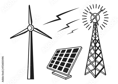 Illustration showcasing renewable energy sources including wind turbines and solar panel arrays in black and white created with generated ai