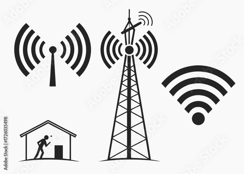 Illustration showing communication tower, wifi signals, and a person inside a building using technology created with generated ai