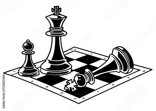 Illustration of a chessboard with a king bishop and fallen queen showing a game in progress situation created with generated ai