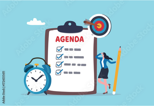 Meeting agenda, priority important task for discussion, objective or purpose to finish, planner or checklist for office work concept, smart business woman hold pencil write meeting agenda with clock