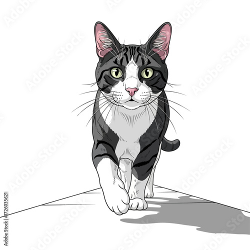 Black and White Tabby Cat Vector Illustration Walking Towards Viewer