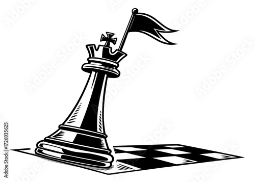 Illustration of a black chess king piece with a flag on a checkered board in black and white style created with generated ai