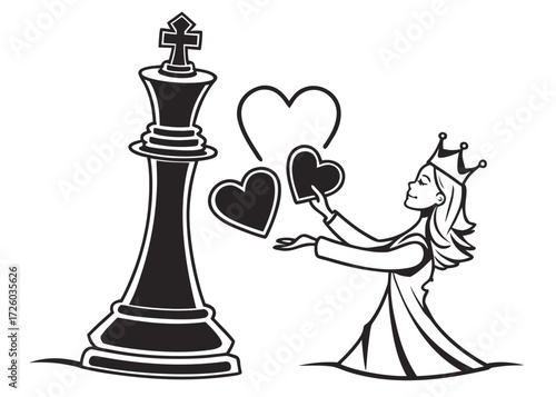 A queen offers hearts to a king chess piece in a black and white vector illustration design style created with generated ai