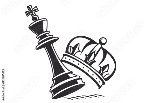 A black and white illustration of a chess king piece next to a royal crown on a white background created with generated ai