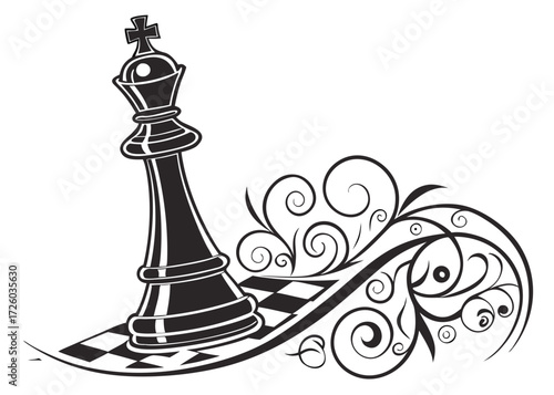 A chess king piece standing on a checkered board with decorative swirls and flourishes design element created with generated ai