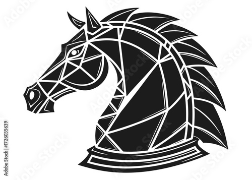 Geometric horse head design with sharp angles and a stylized mane in black and white illustration style created with generated ai