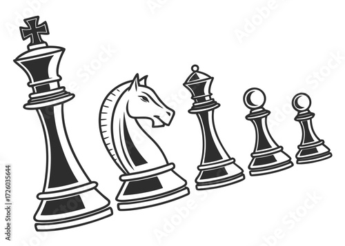 Illustration of a chess set with a king, knight, queen and two pawns in black and white design created with generated ai