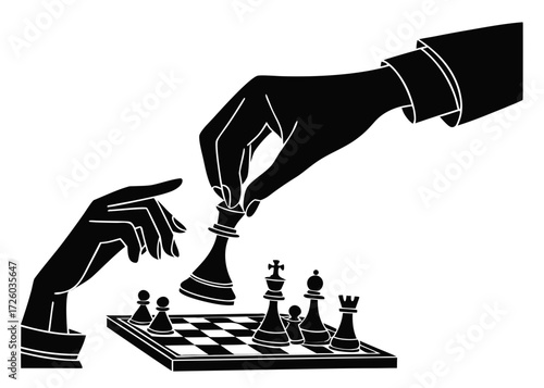 Hands playing chess game with pieces on a checkered board in black and white illustration style created with generated ai