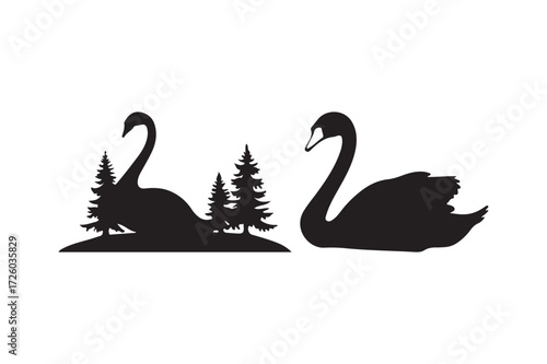 Silhouette of two swans with pine trees on the left