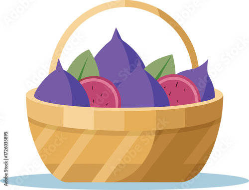 Freshly harvested ripe purple figs and slices in a woven basket