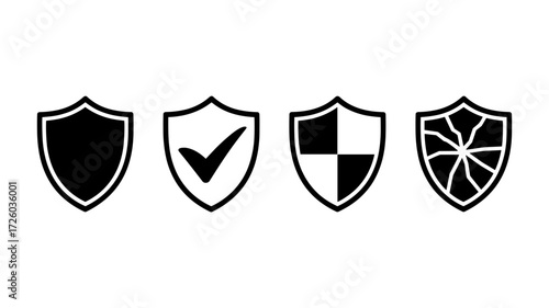 Collection of graphic shield vector icons representing security levels, each with a unique status marker.