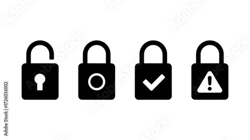 Four stylized padlock vector icons in a row signify different states, including open, locked, approved, and warning.