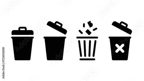 Vector icons depicting different types of trash cans. This image describes waste management and recycling concepts.