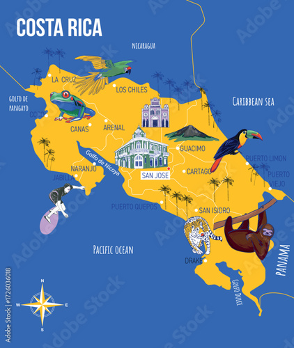 Map of Costa Rica, branding technology concept. Collection of flat vector web icons. Latin culture travel set, architectures, specialties detailed silhouette. Doodle famous landmarks illustration.