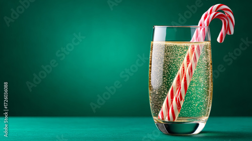Christmas cocktail with candy canes as straws on emerald green background  
