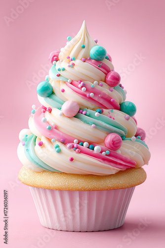 Colorful cupcake with cream frosting and sprinkles on pink background  