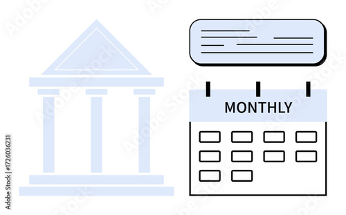Bank building sketch beside monthly calendar and notification bar. Ideal for finance, banking, loans, deadlines, investments, budget, reminders. Simplistic flat metaphor