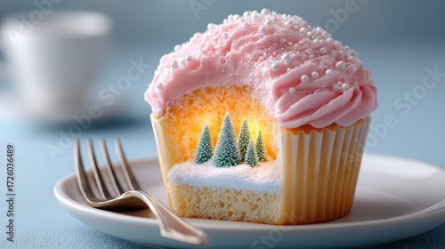 Christmas cupcake with miniature winter landscape inside and frosting  