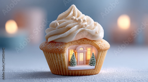 Christmas cupcake with miniature winter scene inside on soft blue background  