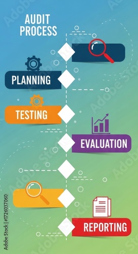 Business compliance examination showcasing systematic procedure with essential steps from initial planning to rigorous testing and final comprehensive evaluation and reporting.