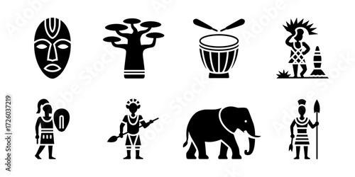 Vector icons of African culture: mask, baobab, drum, tribesmen, elephant, heritage and tribal traditions represented.