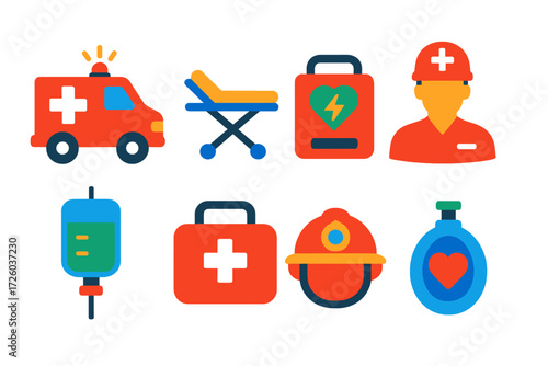 Medical Emergency Icons. Flat vector icons of medical emergencies: ambulance, stretcher, defibrillator, emergency doctor, IV drip,