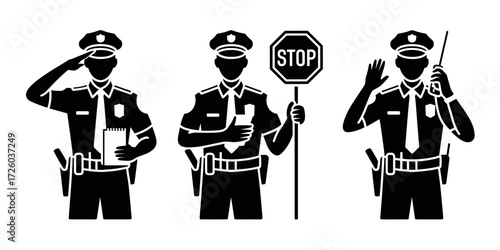 This vector illustration shows uniformed police officers in various poses. One is saluting, another is holding a stop sign, and a third is using a walkie-talkie.