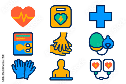 CPR and AED Icons. Flat vector icons of CPR and AED: heart pulse, AED unit, CPR hands, medical cross, instructional chart, mask
