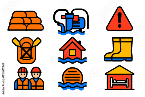 Flood Response Icons. Flat vector icons of flood response: sandbag wall, water pump, raft, warning sign, flooded house, rubber