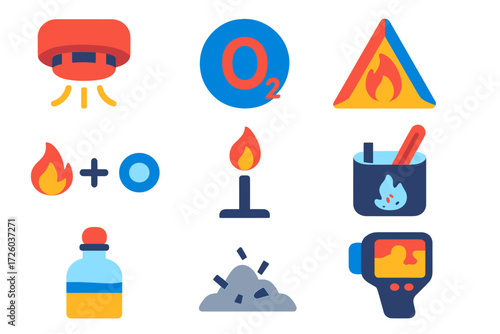 Fire Science Icons. Flat vector icons of fire science elements: heat sensor, oxygen icon, triangle fire triangle, combustion