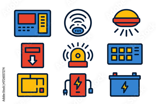 Fire Alarm Icons. Flat vector icons of fire alarm systems: control panel, smoke detector, heat detector, pull station, horn strobe