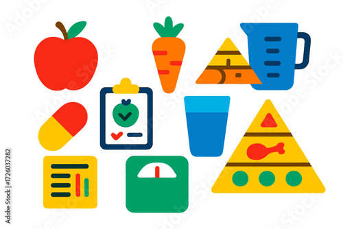 Nutrition Icon Set. Flat vector icons of nutrition and dietetics: apple, carrot, food pyramid, measuring cup, vitamin tablet, diet