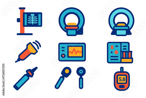 Diagnostic Equipment Icons. Flat vector icons of diagnostic equipment: X-ray machine, MRI scanner, CT scanner, ultrasound probe,