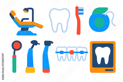 Dental Care Icons. Flat vector icons of dental care: dental chair, tooth icon, toothbrush, floss, dental mirror, drill, braces,