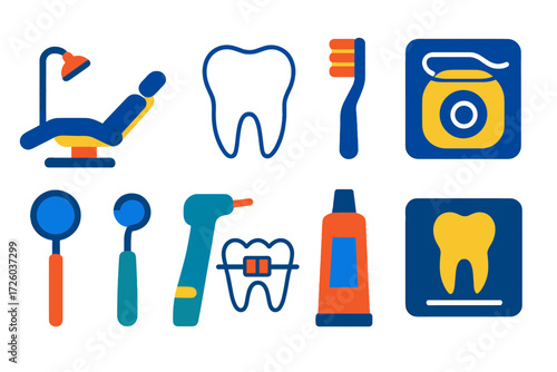 Dental Care Icons. Flat vector icons of dental care: dental chair, tooth icon, toothbrush, floss, dental mirror, drill, braces,