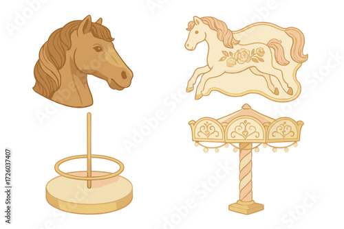 Vintage Carousel Illustration. Isometric vector illustration set Vintage Carousel Ride Details: carved wooden horse head, painted