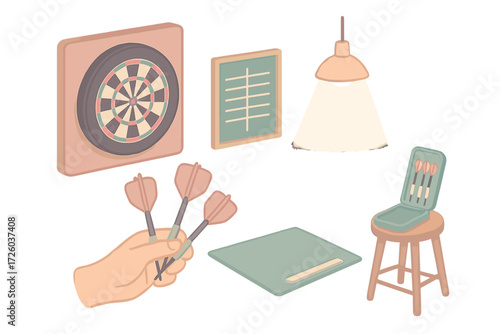 Darts Game Elements. Isometric vector illustration set Darts Game Setup Elements: dartboard mounted on backboard, three darts