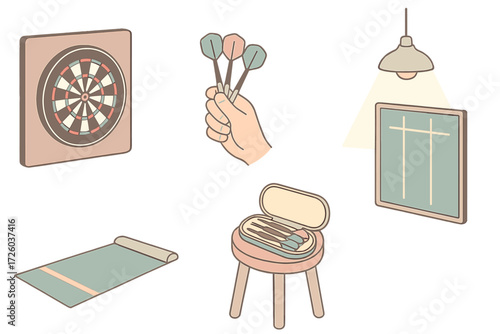 Darts Game Elements. Isometric vector illustration set Darts Game Setup Elements: dartboard mounted on backboard, three darts