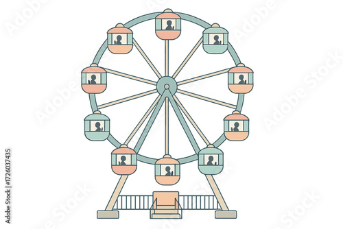 Pastel Ferris Wheel Design. Isometric vector illustration set Ferris Wheel Structure and Cabins: side view of large wheel with